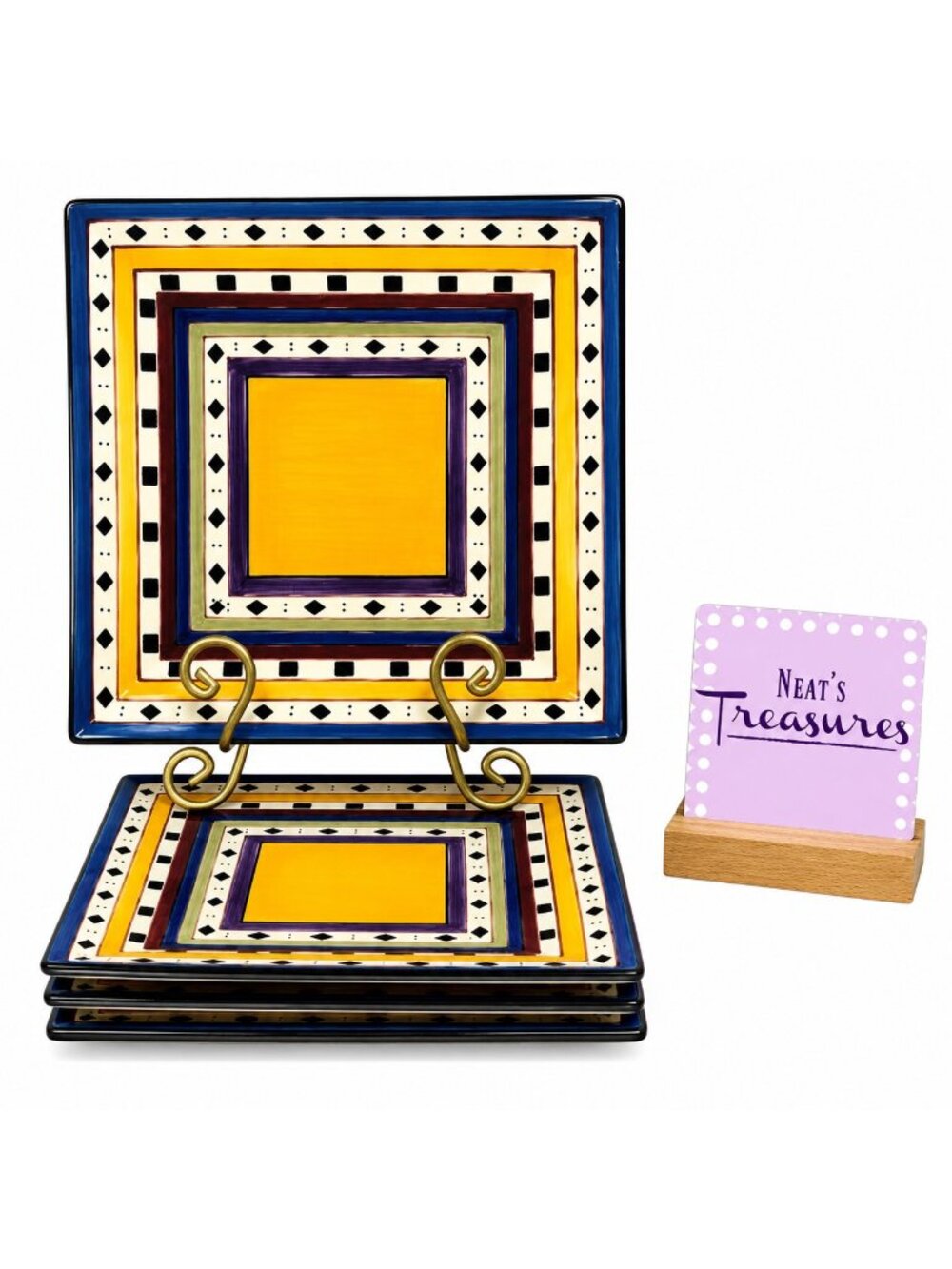 Tabletops ARGENTINA  Color Bands Diamonds HandPainted Ceramic Dinner Plate Set 4